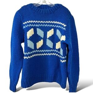 Vintage 70s Fair Isle Chunky Hand Knit Ski Sweater Royal Blue Winter Size
